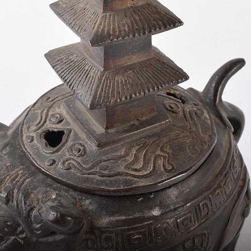 中国　古銅　唐銅　神獣五重塔　香炉　M　R8731