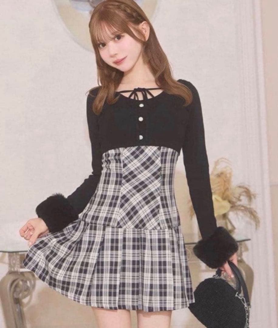 michellMacaron ボレロsetチェックプリーツワンピ