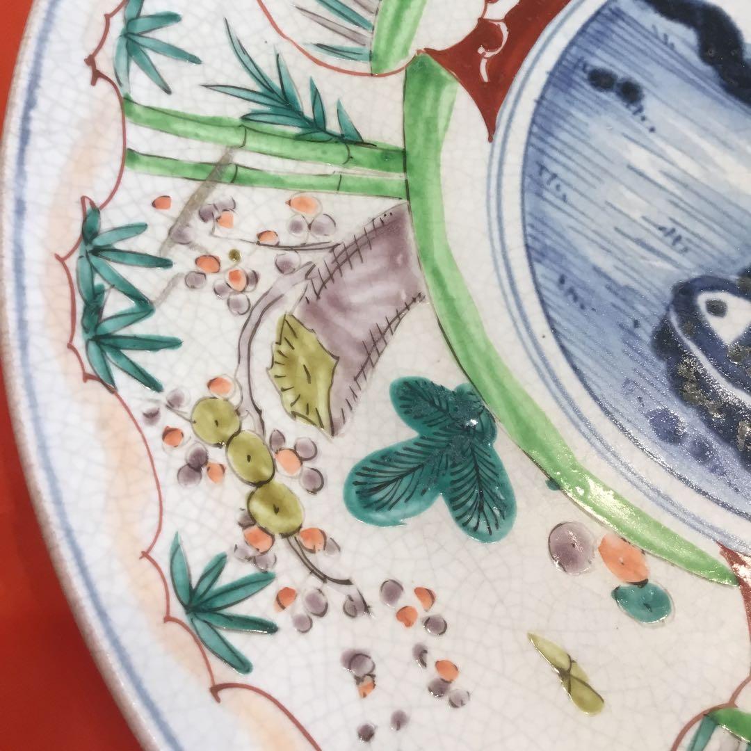 風景画と花模様の茶碗　アンティーク古い　大皿　飾り皿　約39センチ