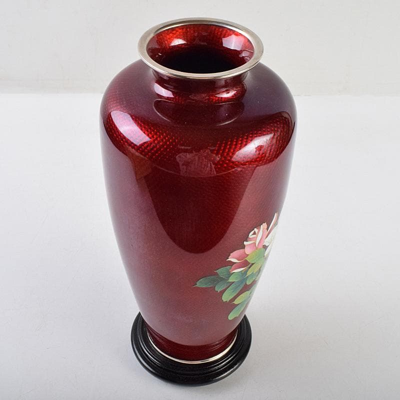 七宝焼　赤透釉　薔薇文　花瓶　唐木台・時代箱付　V　R9466