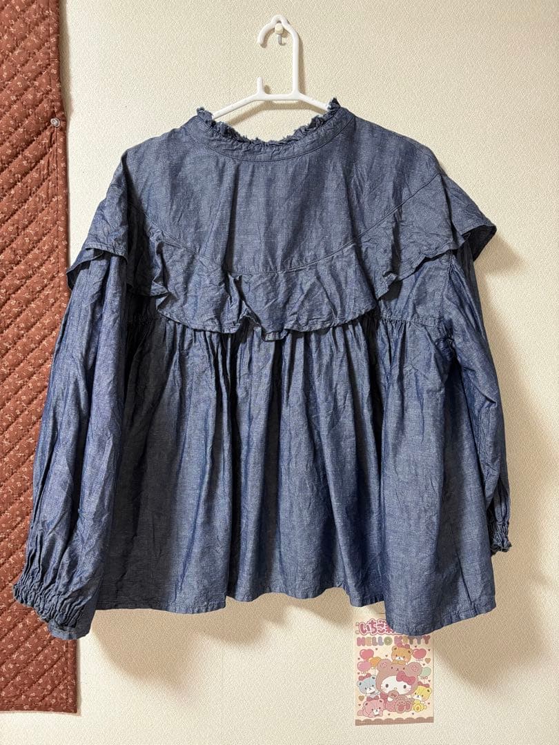 nest robe コットンリネンダンガリーラッフルカラーブラウス