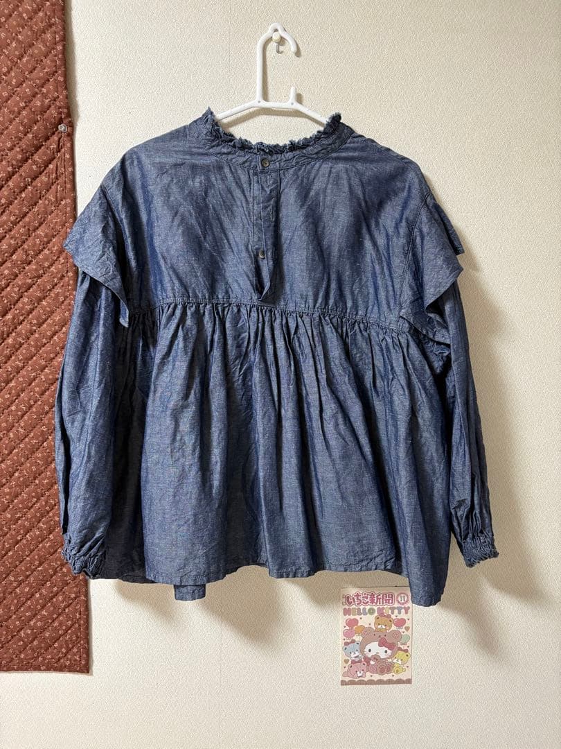 nest robe コットンリネンダンガリーラッフルカラーブラウス