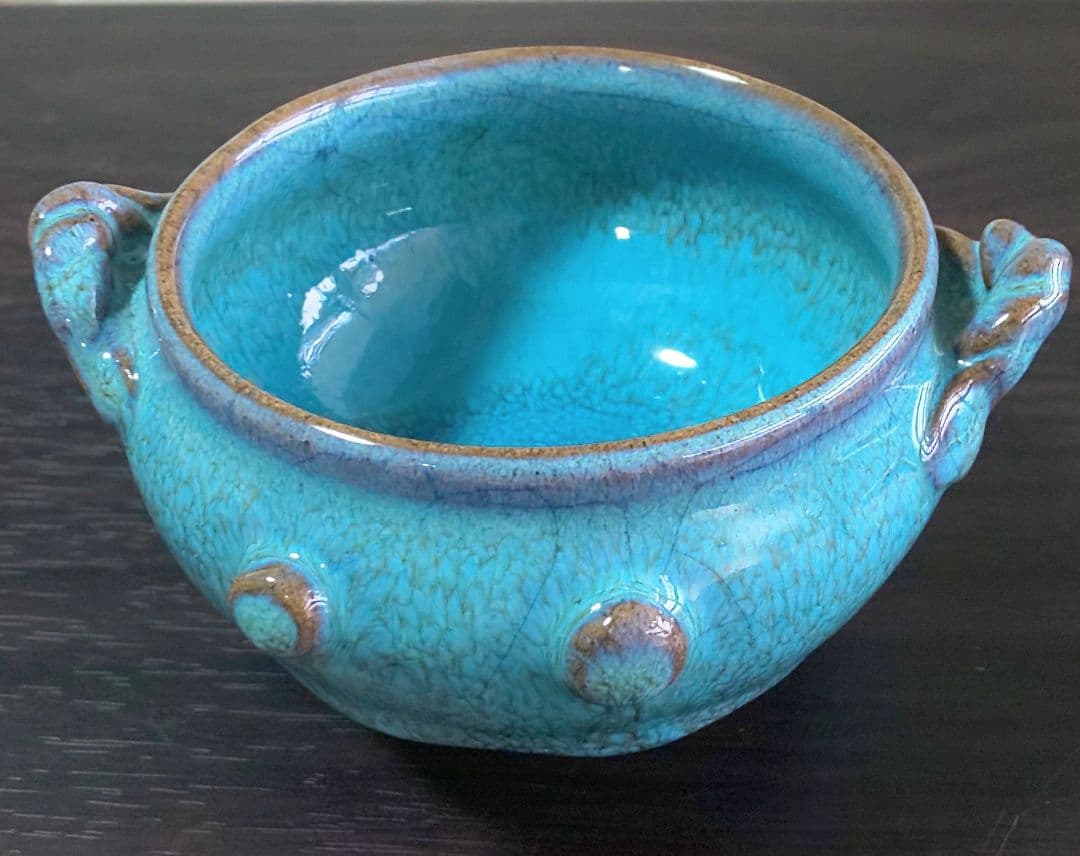 中国南宋時代 緑釉陶器 澱青釉紫紅斑 双耳香炉