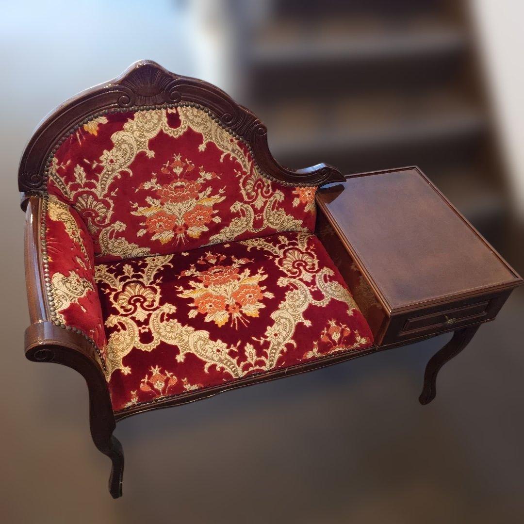 イタリア製　金華山織り　Rosso　テレフォンベンチ　猫脚　クラシックスタイル