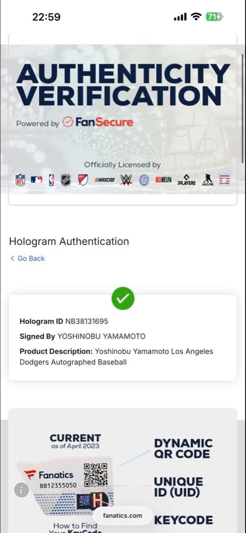 山本由伸　直筆サインボール18 Fanatics、MLB認証ホログラム付き