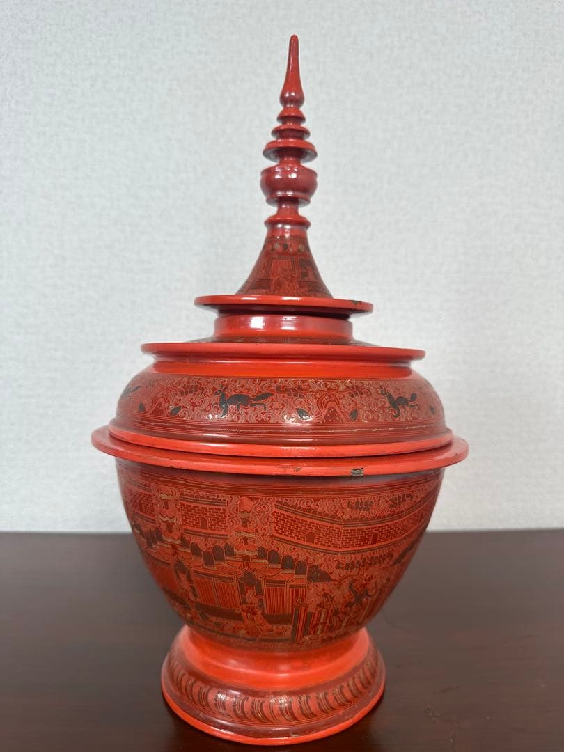 ミャンマー アンティーク 漆器 蒟醤 仏塔形 供物器 高さ約41cm ※31※