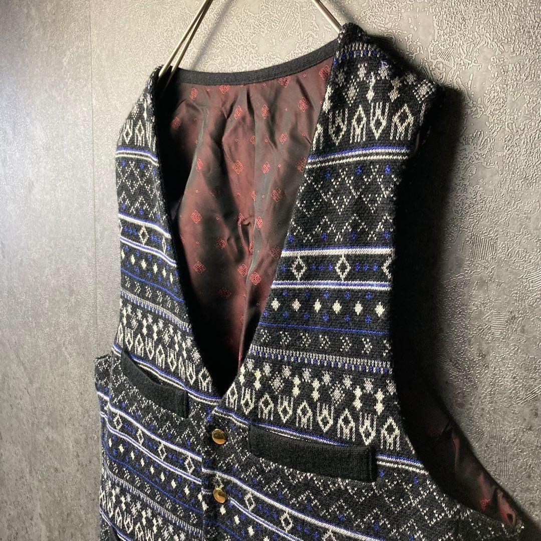 ヴィンテージ　ニットベスト　紺　総柄　裏地　デザイン　古着　レトロ
