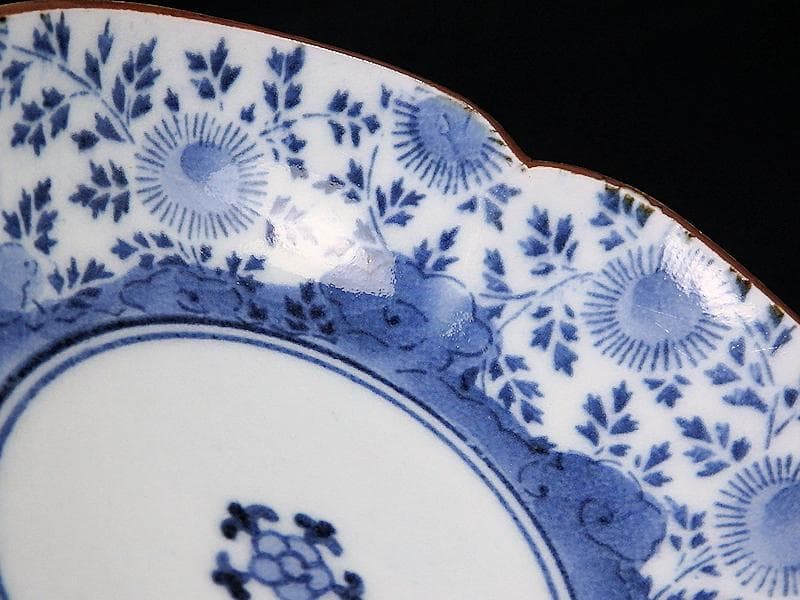 古伊万里　染付　型刷印判　木瓜型　撫子の図　江戸中期　C077AS- BMu