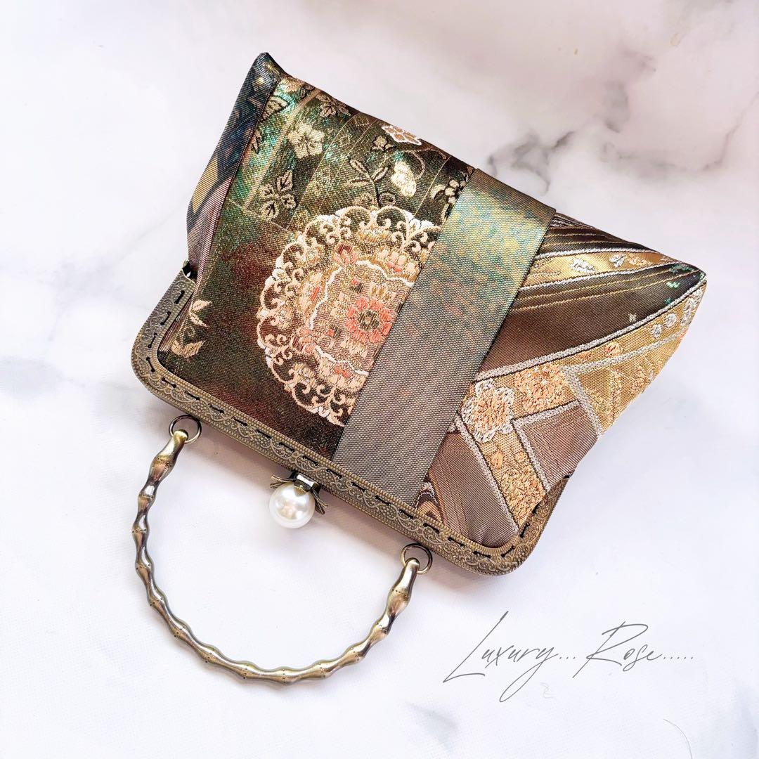 1点限定！！螺鈿細工を用いた5種上品高級帯地でパッチワーク上品帯地バッグ