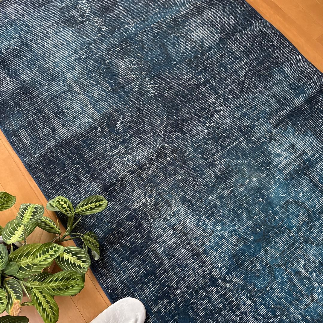 110×191ネイビーインディゴブルー　オーバーダイ　トルコヴィンテージラグ