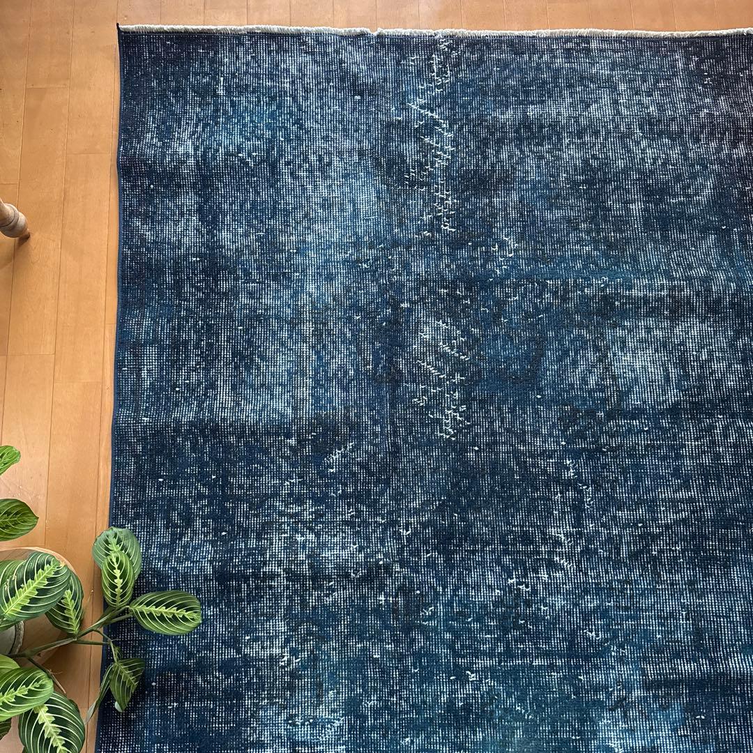 110×191ネイビーインディゴブルー　オーバーダイ　トルコヴィンテージラグ