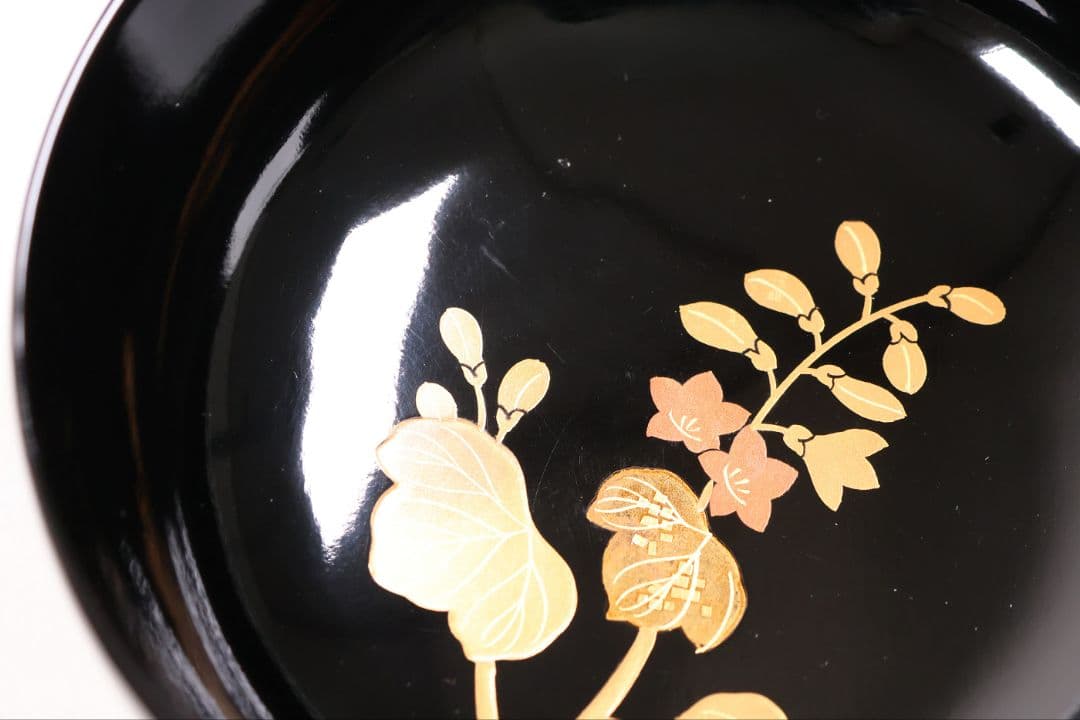 【CM397】天然木漆塗 菊桐鳳凰金蒔絵 黒塗 煮物椀 二客 昭和期 木製漆器