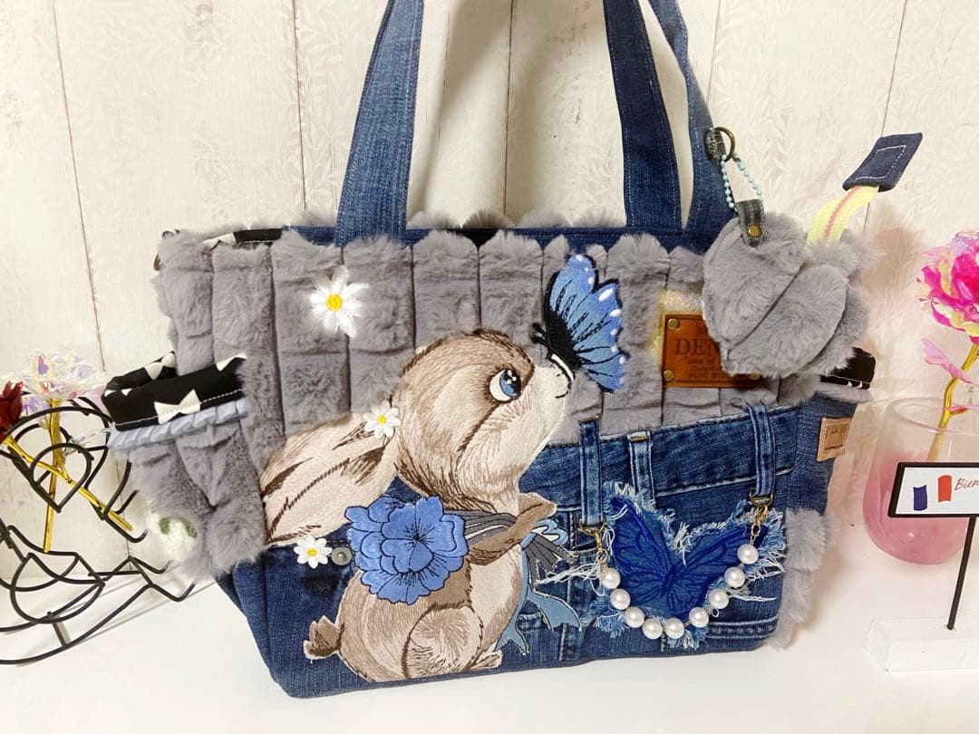デニムリメイクバック　グレーふわもこ×うさぎ