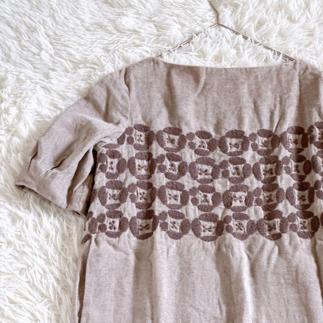 ミナペルホネン dear 刺繍ワンピース 半袖 リネン ベージュ系 36サイズ