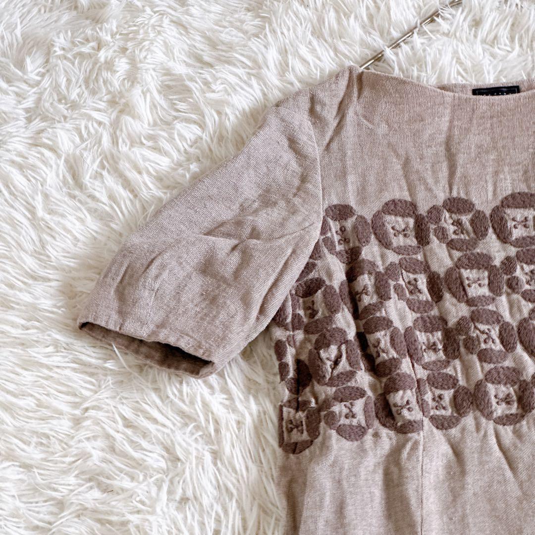 ミナペルホネン dear 刺繍ワンピース 半袖 リネン ベージュ系 36サイズ