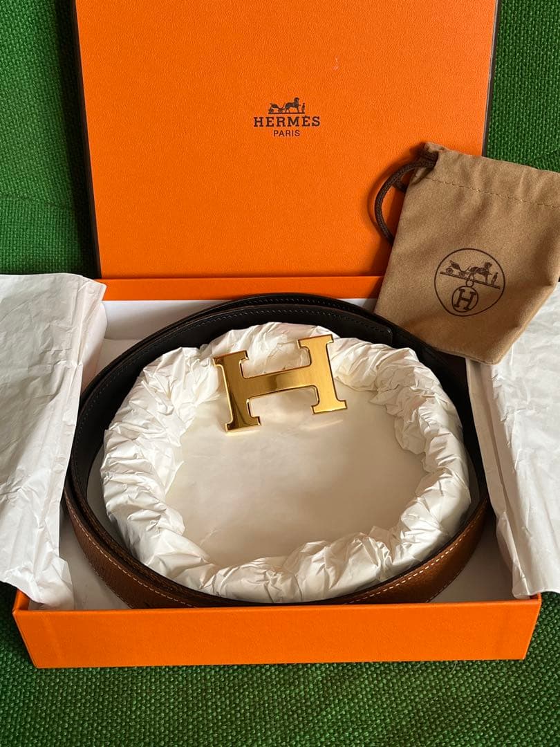 極美品☆HERMES ブラウンレザーベルト Hロゴバックル　サイズ80