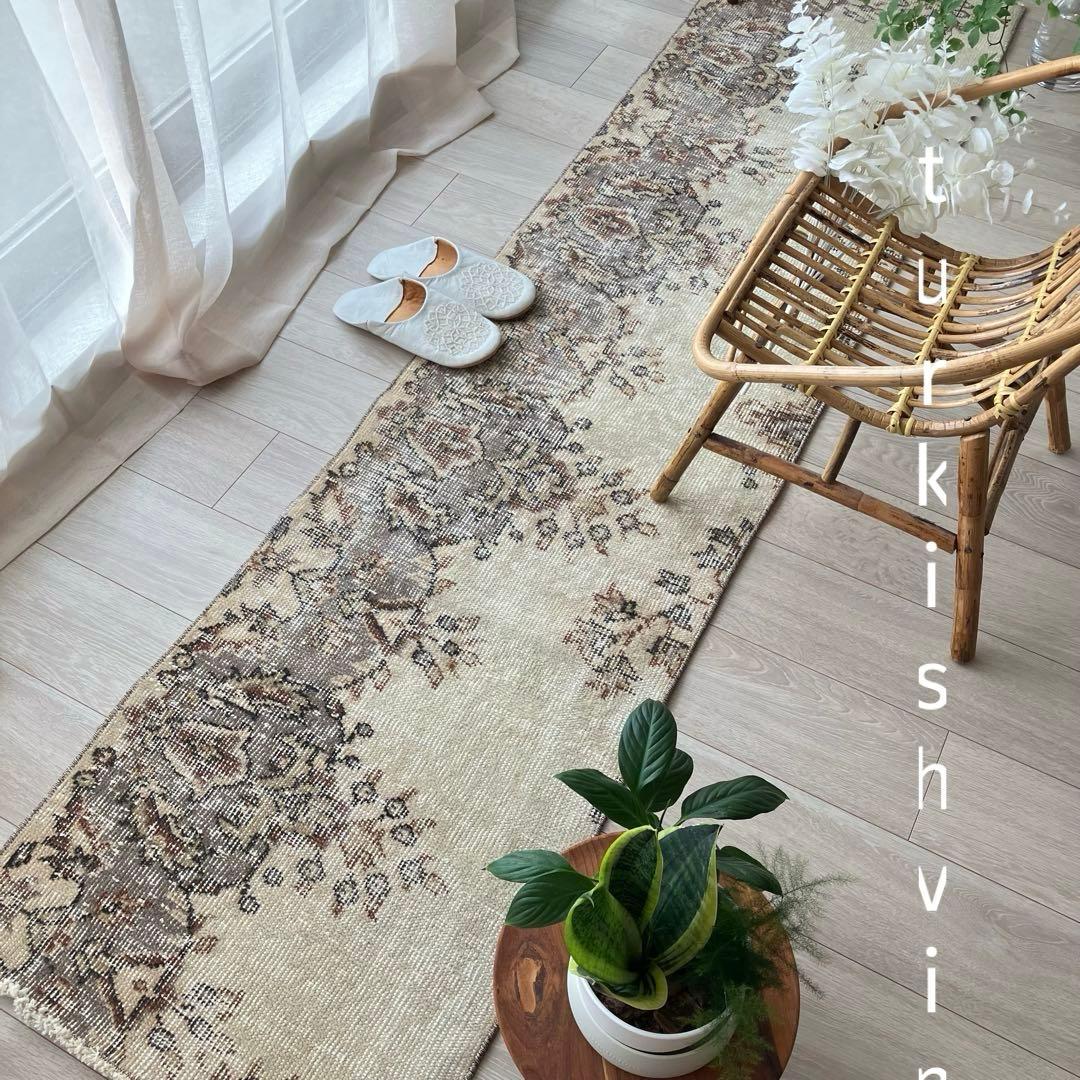 カフェオレベージュ54×220ブラウン　超ロングランナー　トルコヴィンテージラグ