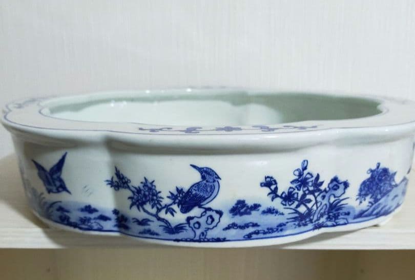 セール中✨中国工芸　染付青花磁器　花鳥水鉢（ 大）睡蓮鉢　花丸型　う