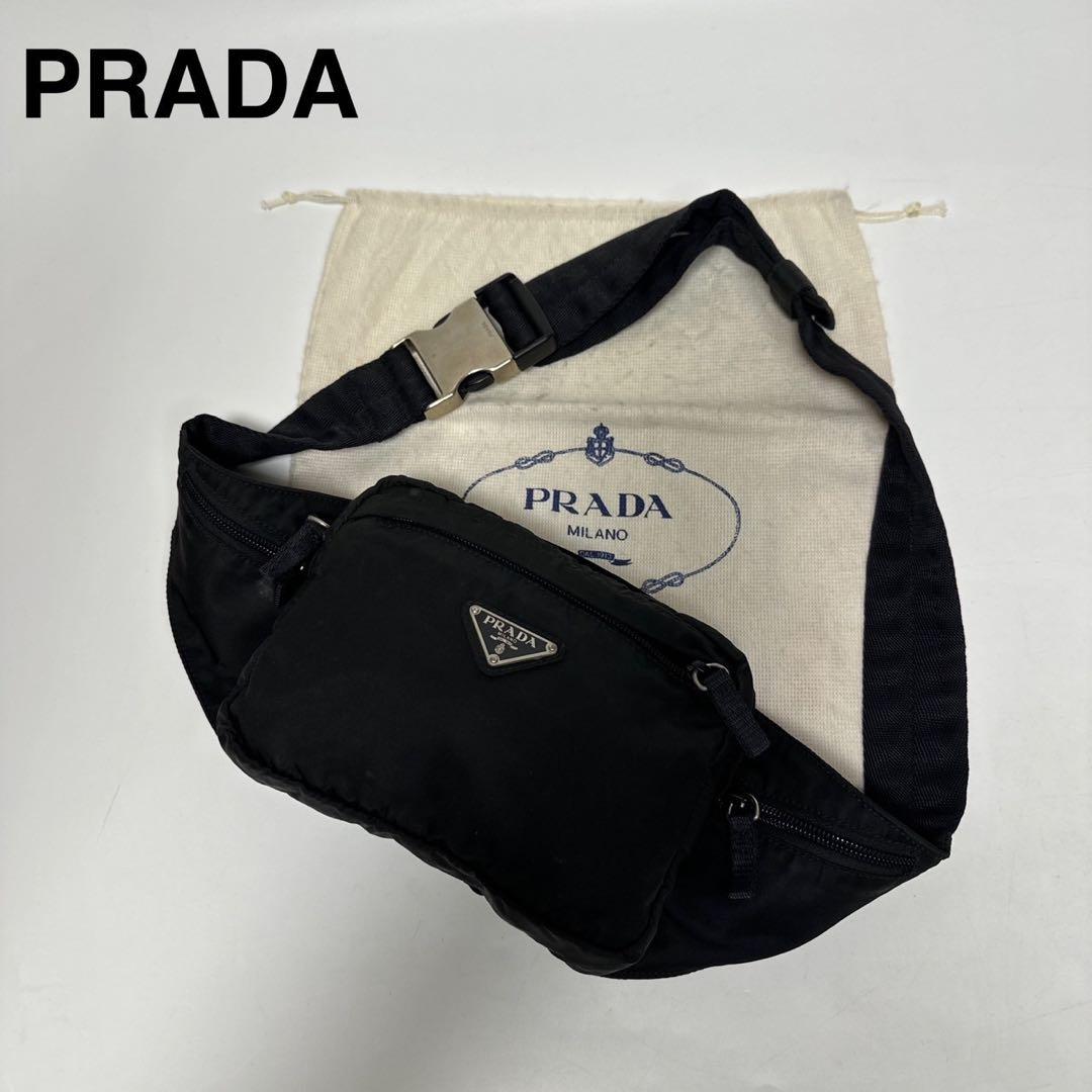 t50【美品】プラダ　三角ロゴ　ナイロン　ブラック　ウエストポーチ　ショルダー.