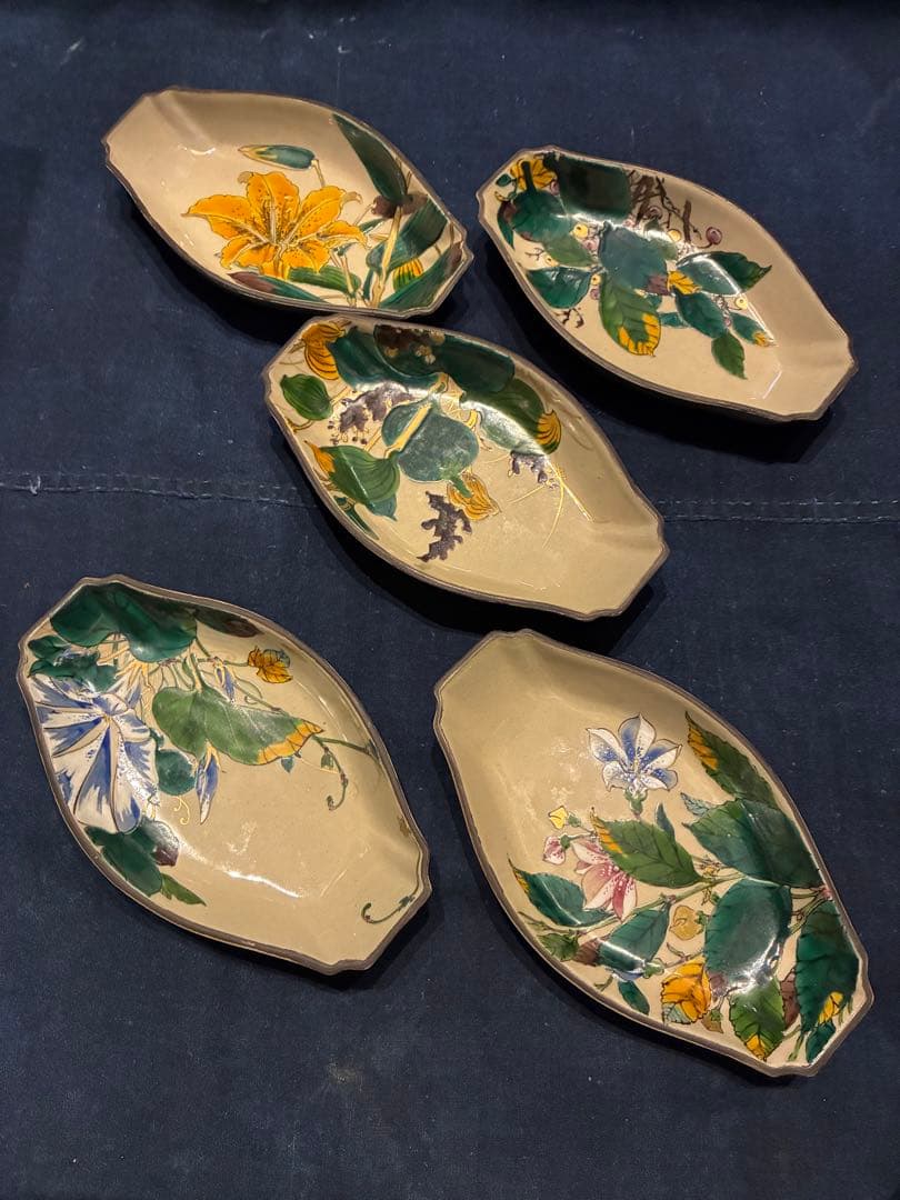 九谷焼　青手　絵がわり　菱皿　5枚　手描き　金彩　古手 傷無し　古九谷写