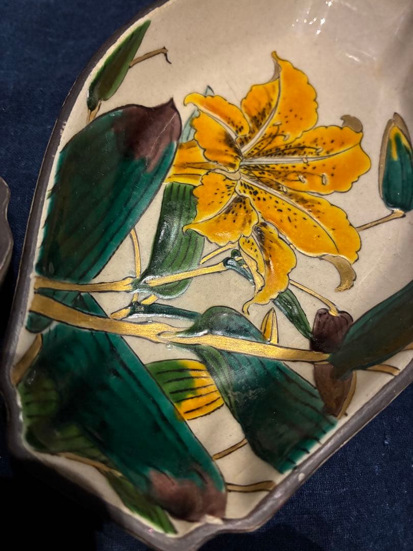 九谷焼　青手　絵がわり　菱皿　5枚　手描き　金彩　古手 傷無し　古九谷写