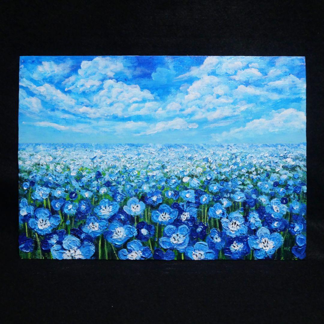 油絵 油彩 油彩画 絵画 絵【空と雲のネモフィラ】
