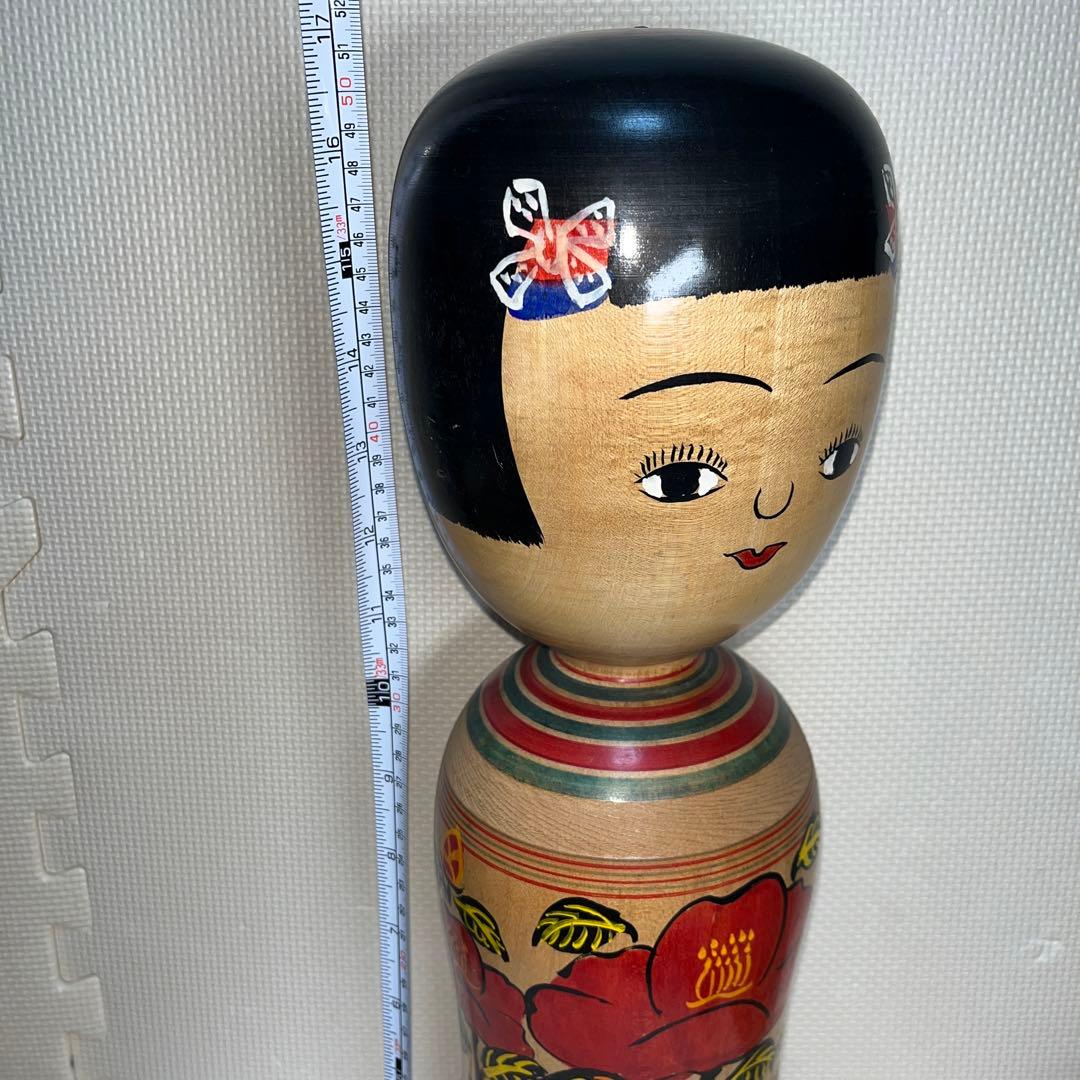 伝統こけし　木地山こけし　⭕️超レアなロクロ線椿花模様50cm超　名工　小椋久太郎