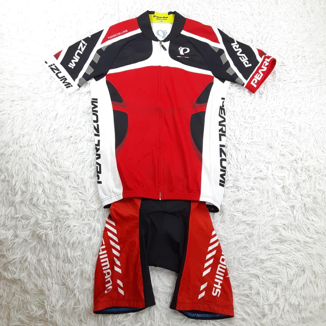 美品◎PEARL IZUMI SHIMANO サイクリングウェア上下セット 赤黒