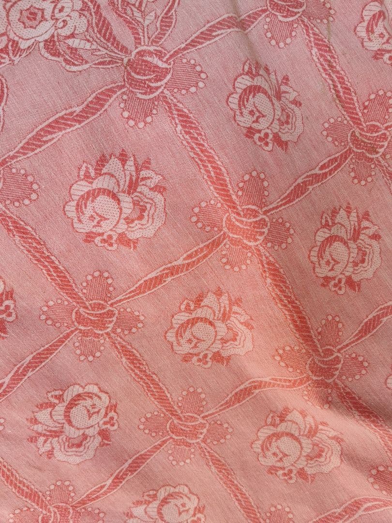 アンティーク フランス ダマスクローズ リボン 大判リネンクロス ダブルフェイス