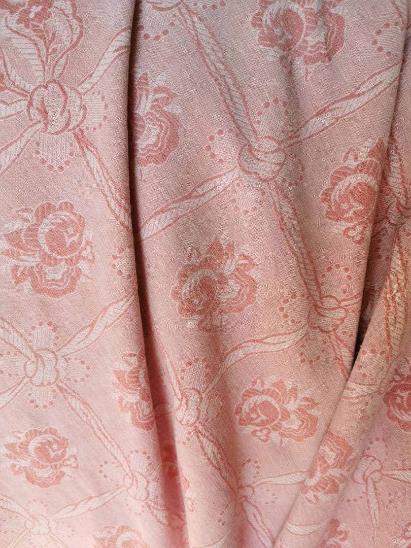 アンティーク フランス ダマスクローズ リボン 大判リネンクロス ダブルフェイス