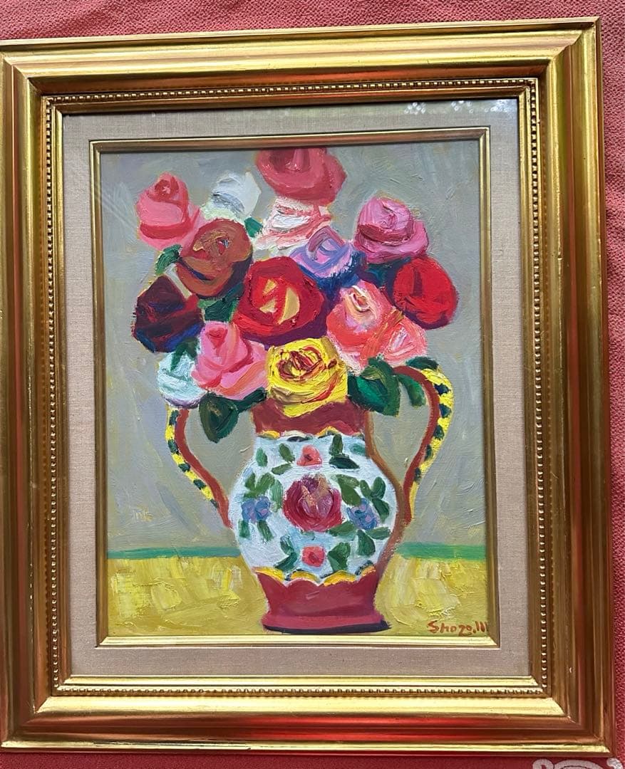 2114様感謝 ‼️村田省蔵「 薔薇 」肉筆油彩F6号署名共シール差函