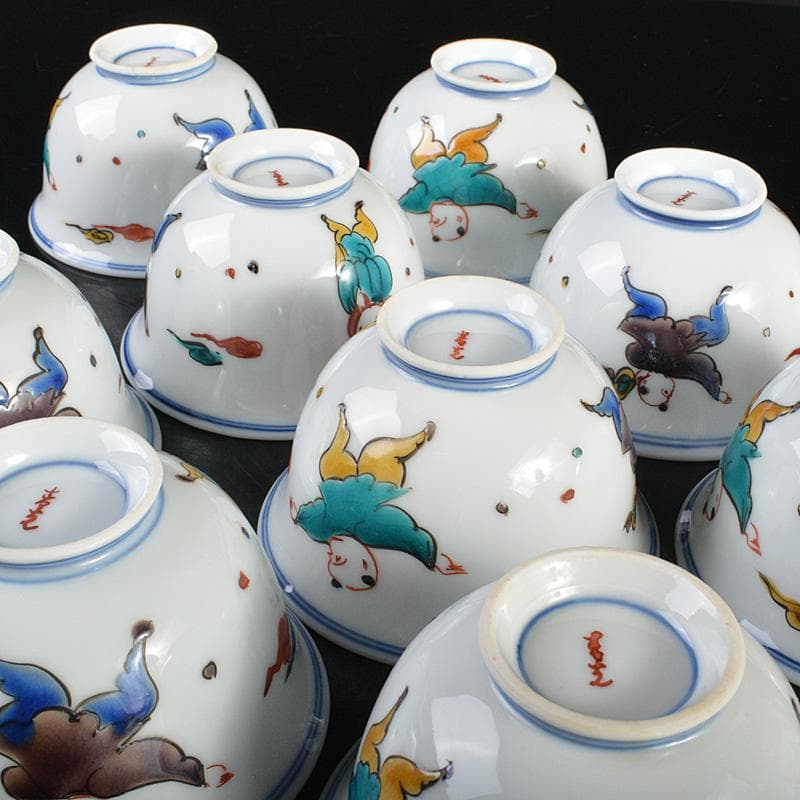 九谷焼　堀江青光作　色絵唐子文　波出茶碗　10客　共箱　V　6261