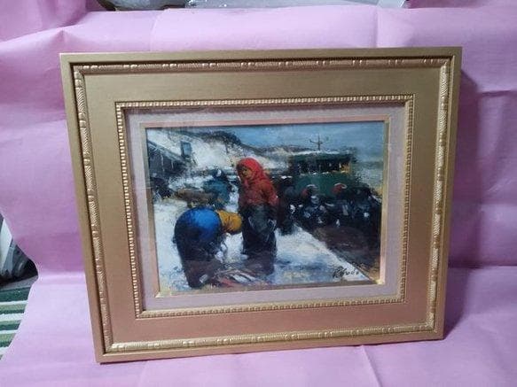 油彩画　工藤和男作　「雪の漁港」　　F４号　額付　サイン有　真作