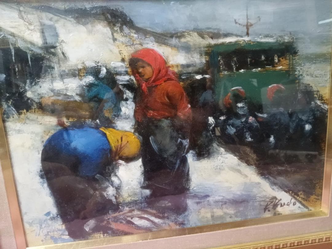 油彩画　工藤和男作　「雪の漁港」　　F４号　額付　サイン有　真作
