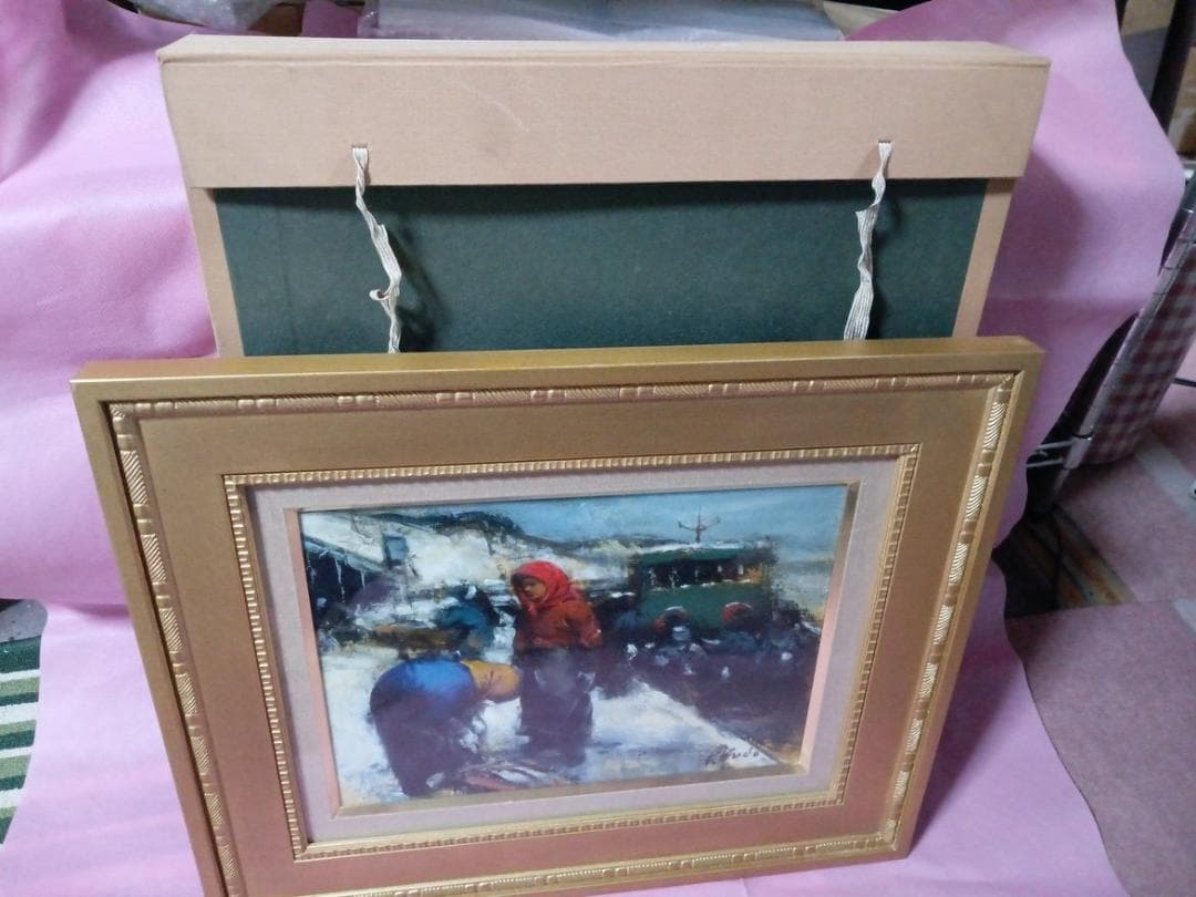 油彩画　工藤和男作　「雪の漁港」　　F４号　額付　サイン有　真作