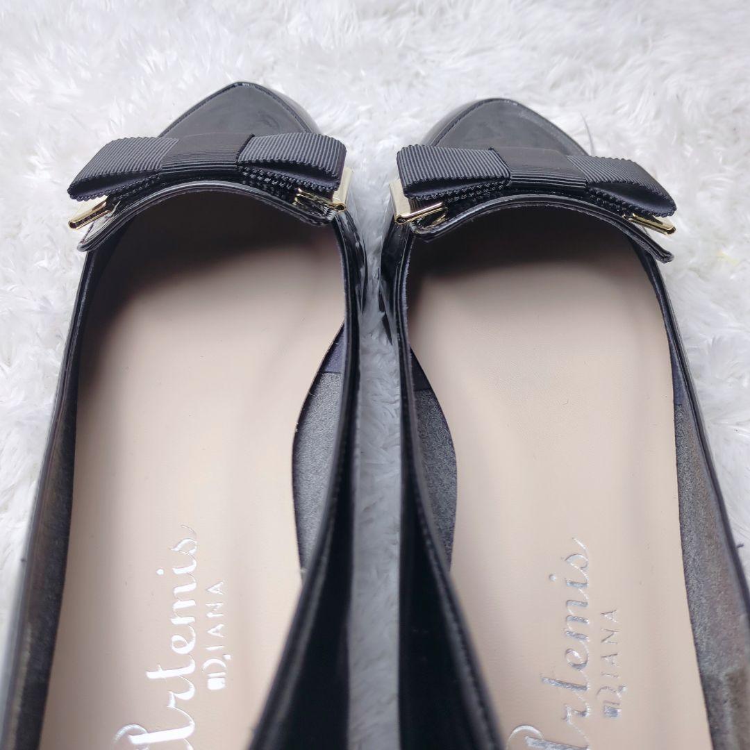 【美品】DIANA ダイアナ オペラシューズ エナメル ローファー 黒 リボン付