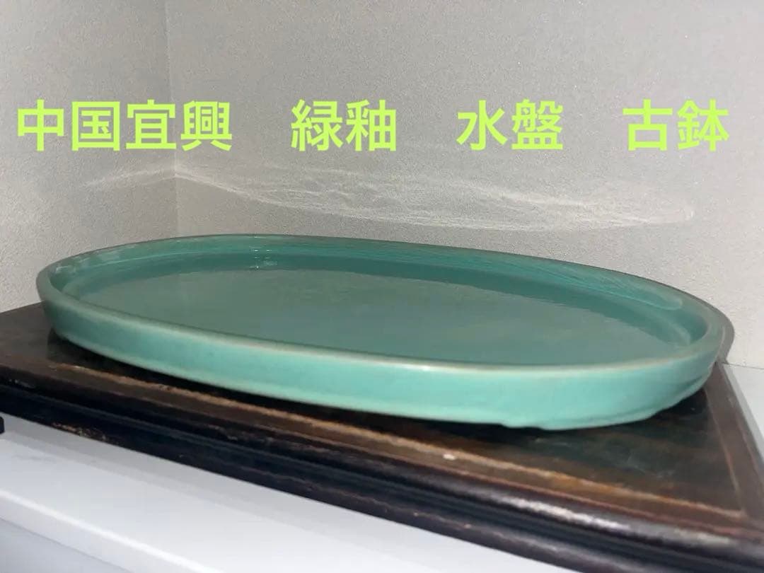 中国宜興　緑釉窯変結晶切立切足楕円水盤　 発色抜群 落款　盆栽鉢