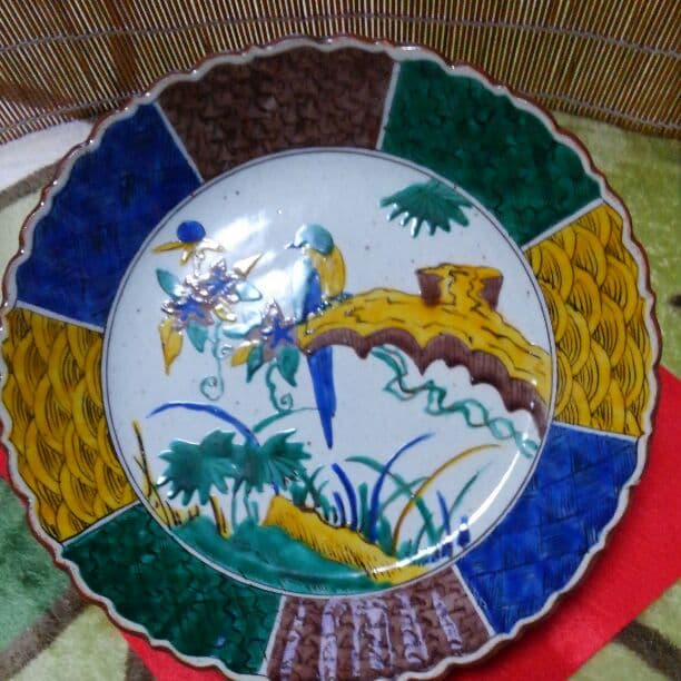 古九谷　角福青手　花鳥文 高台 輪花皿