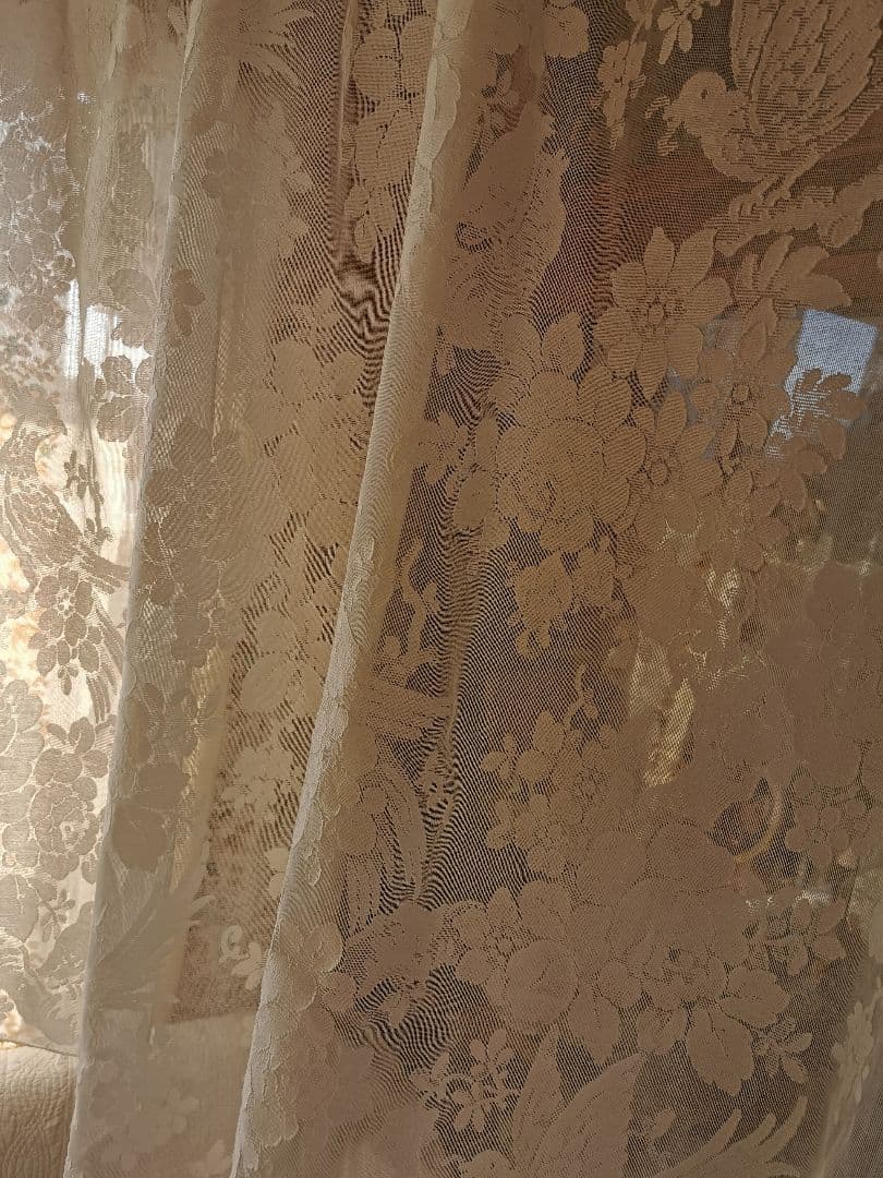 アンティーク ノッティンガムマドラスレース 餌やり鳥の親子 薔薇紋カーテンパネル