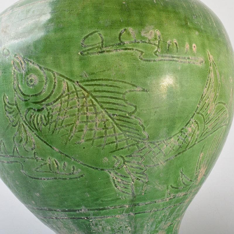 中国　漢緑釉　魚藻文　碗口瓶　花瓶　V　6554C