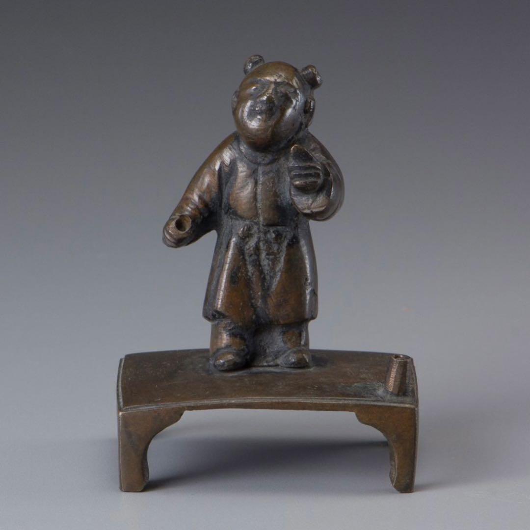 中国　古銅　唐児形　線香立　箱付き　時代物