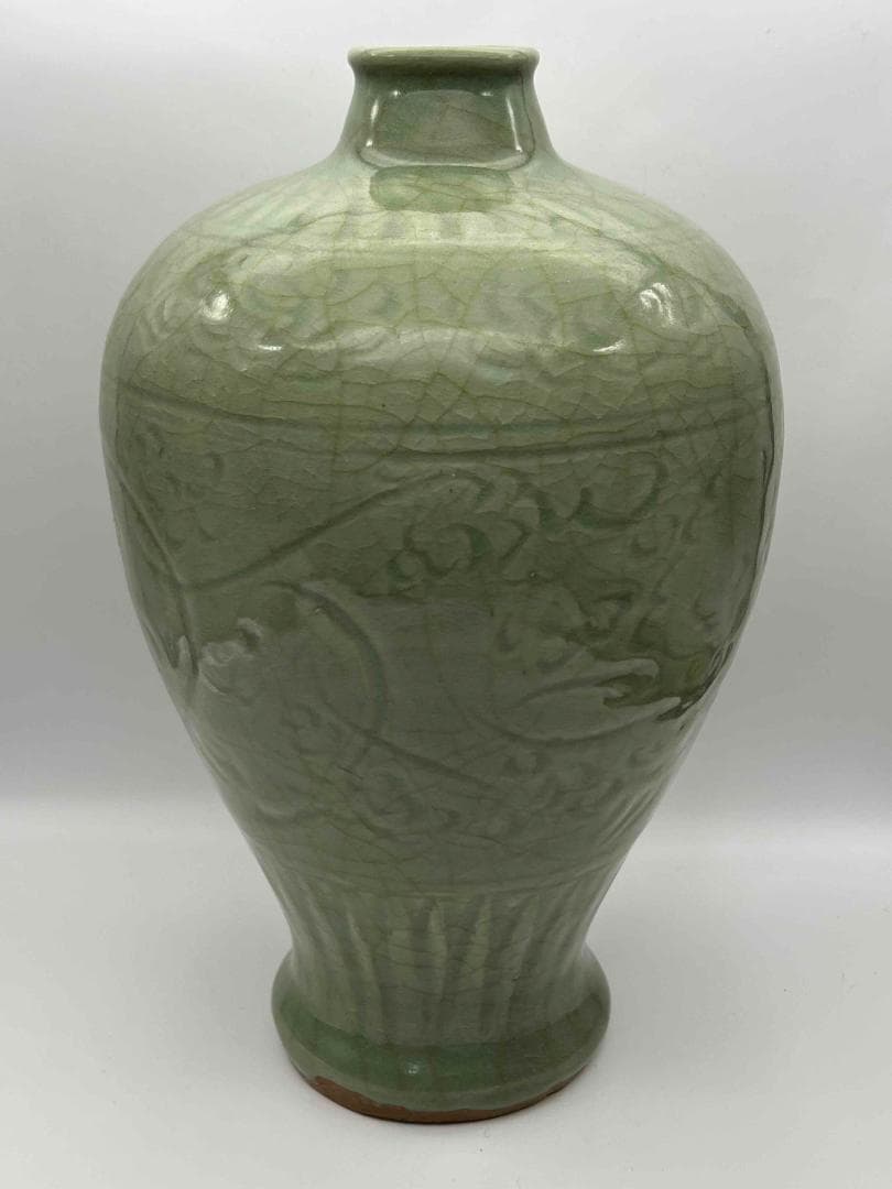 南宋時代　龍泉窯　梅子青 青磁 刻花文大梅瓶 花入　花瓶　茶道具(B-29)