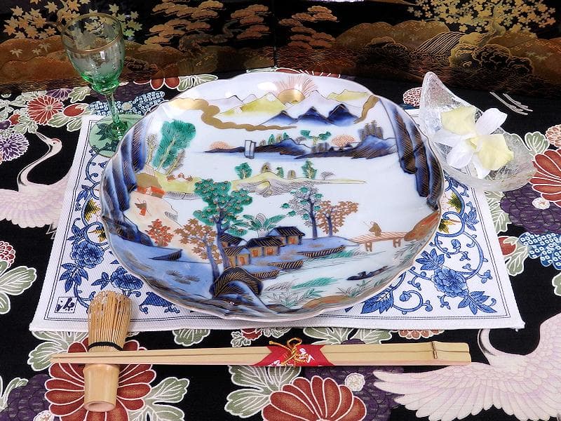 古伊万里　色絵　朝日に山水の図　7寸半皿　B295A-CQc