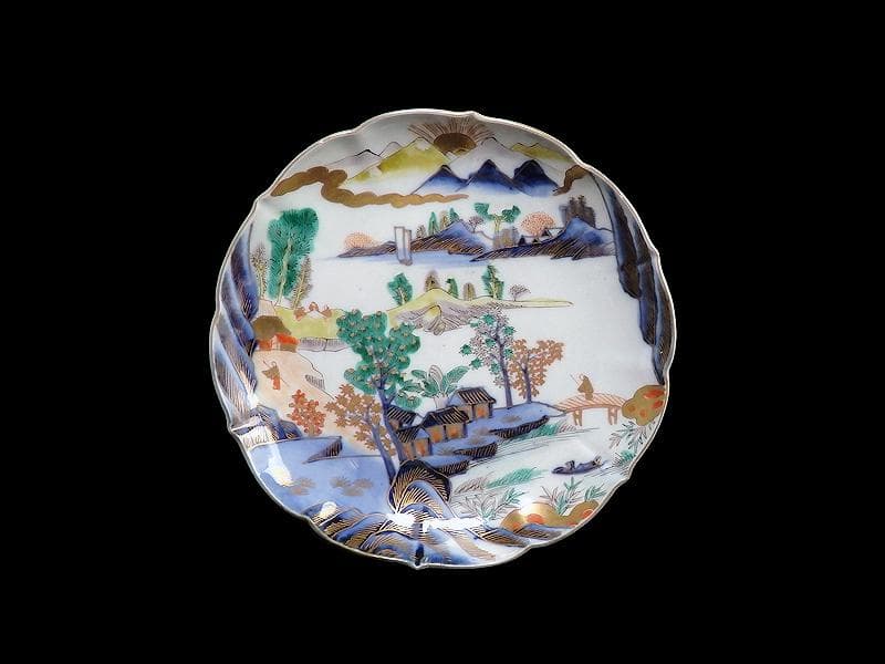 古伊万里　色絵　朝日に山水の図　7寸半皿　B295A-CQc