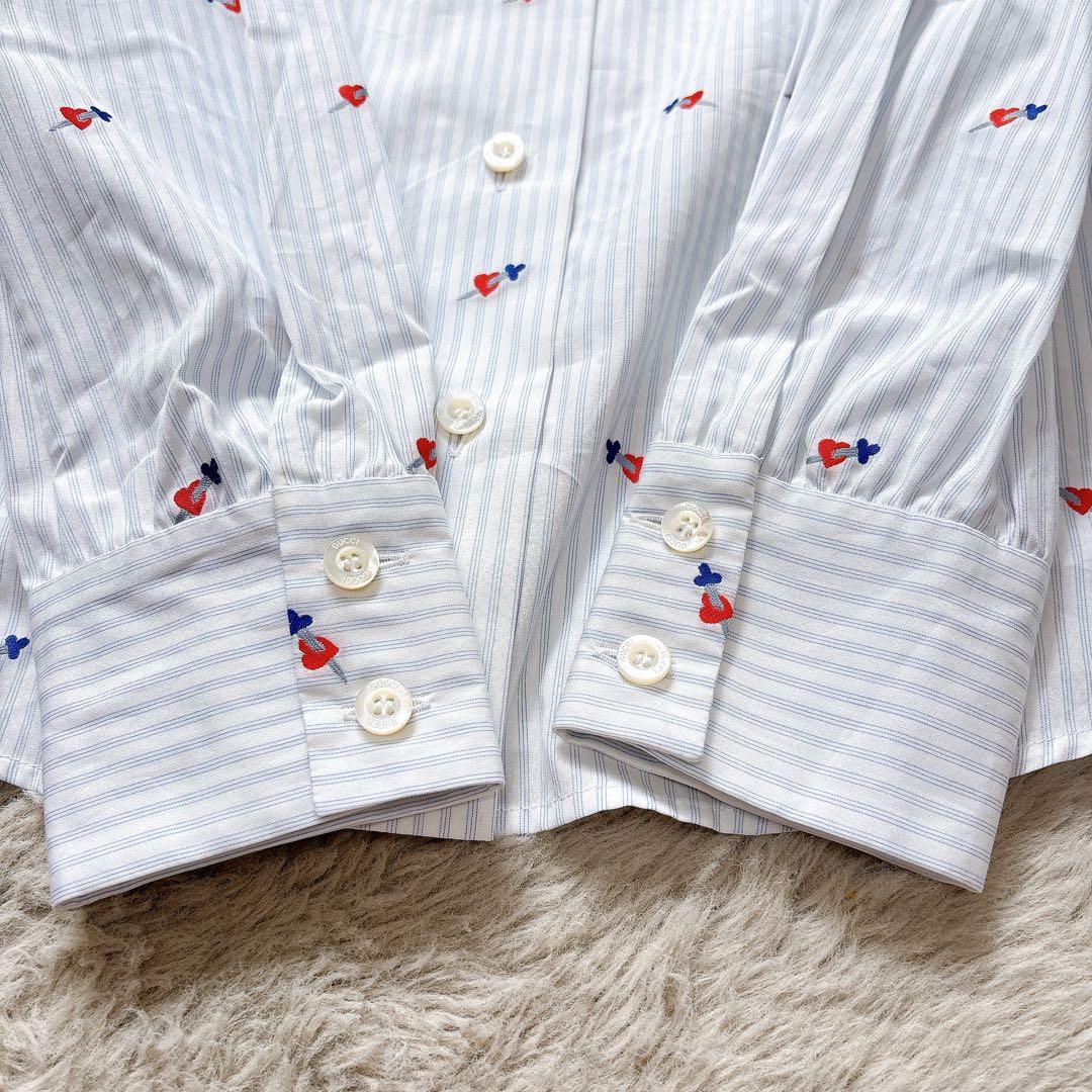 美品✨GUCCI ハート刺繍　リボン　ブラウス　シャツ　ロゴボタン　ストライプ