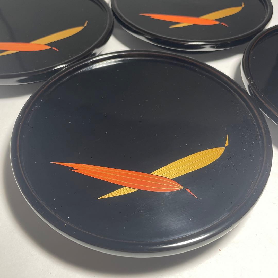 輪島塗 蒔絵笹 黒塗菓子皿五枚揃い【中前典次】作 中前謹製 天然木◆