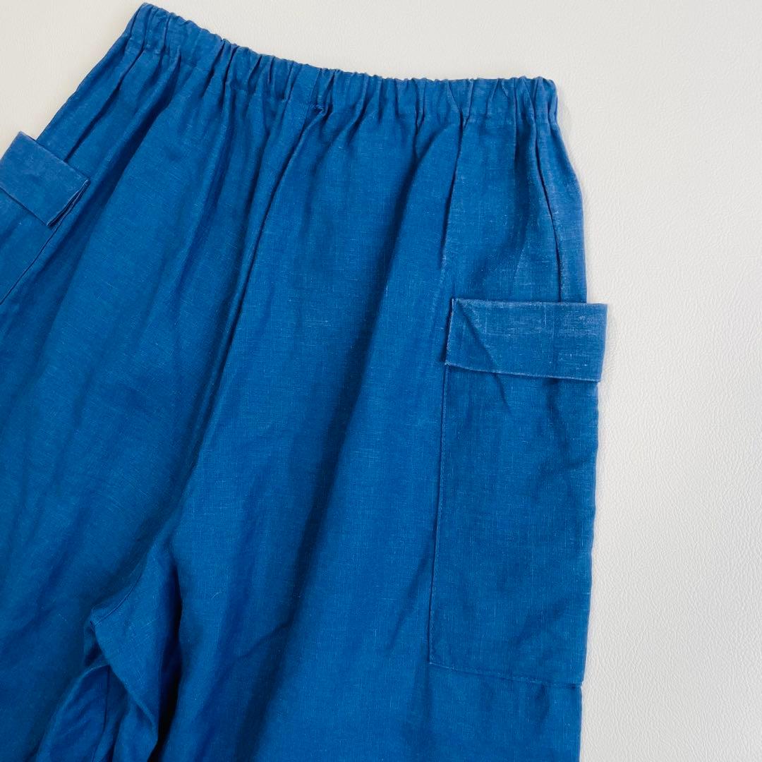 6105 中川政七商店　リネンガウチョパンツ　麻100% サイドポケット　ブルー