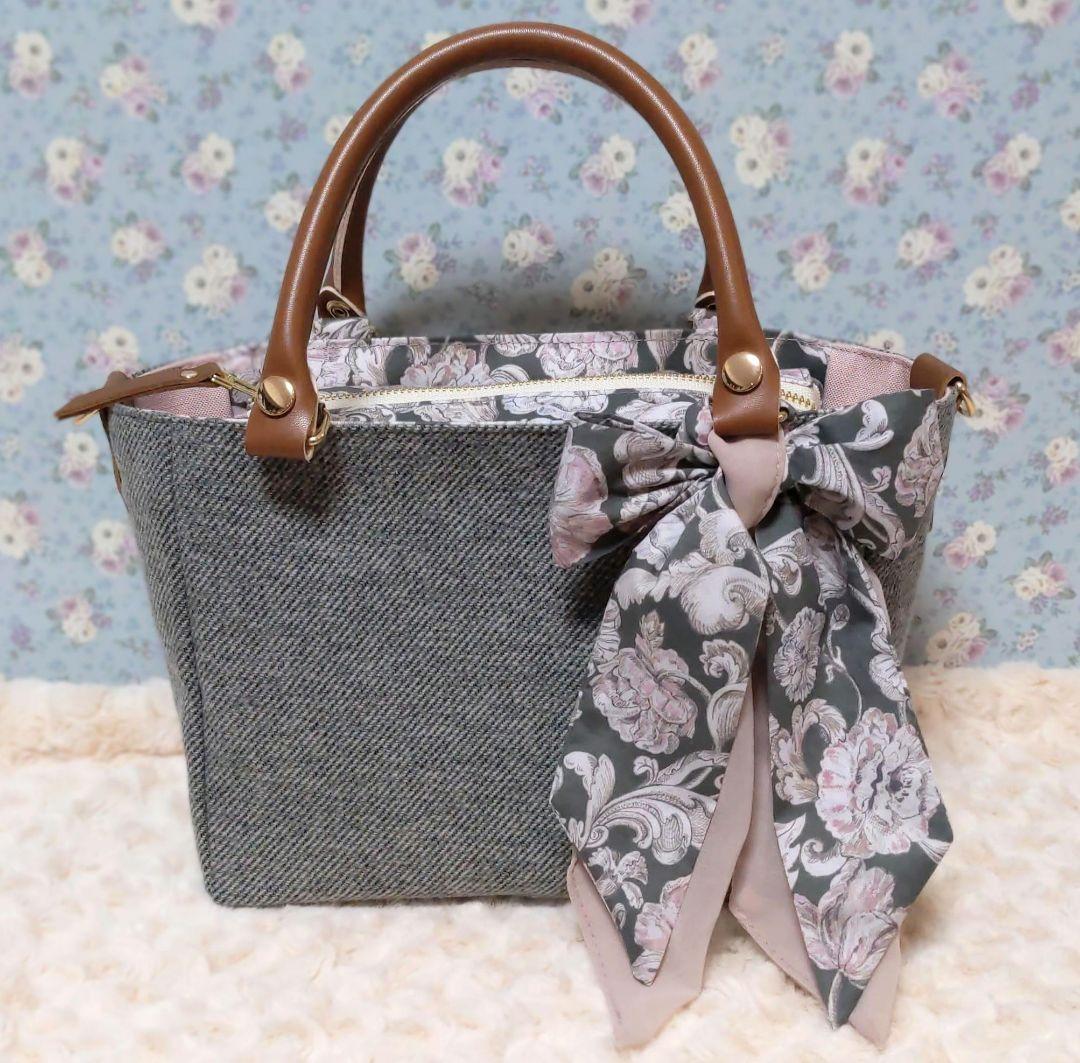 リボンスカーフ付ミニトート　仕切りポーチ付　ツイード　アレキサンダーマーブル