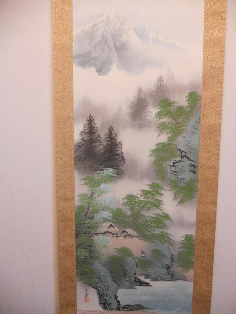 掛け軸 小野蕉麗 新緑山水 絹本 希少 軸装 茶道具 掛軸 美品 です。