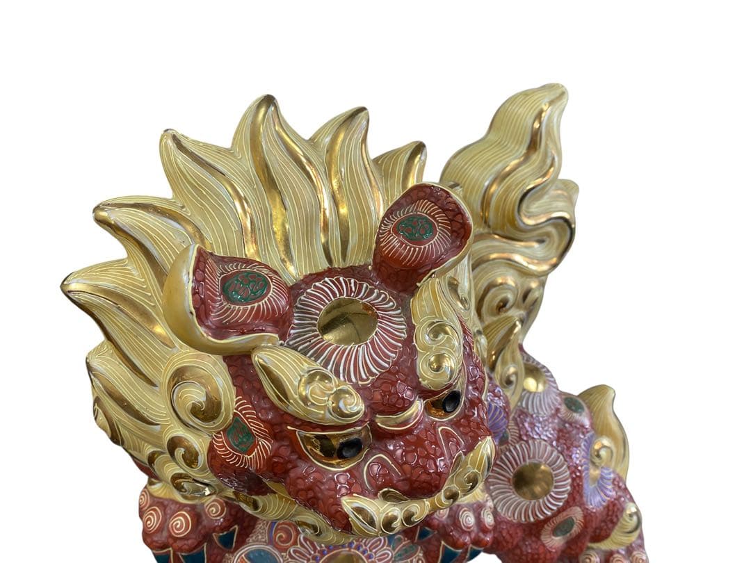 獅子の置物 赤金色　九谷　大吉　双仙